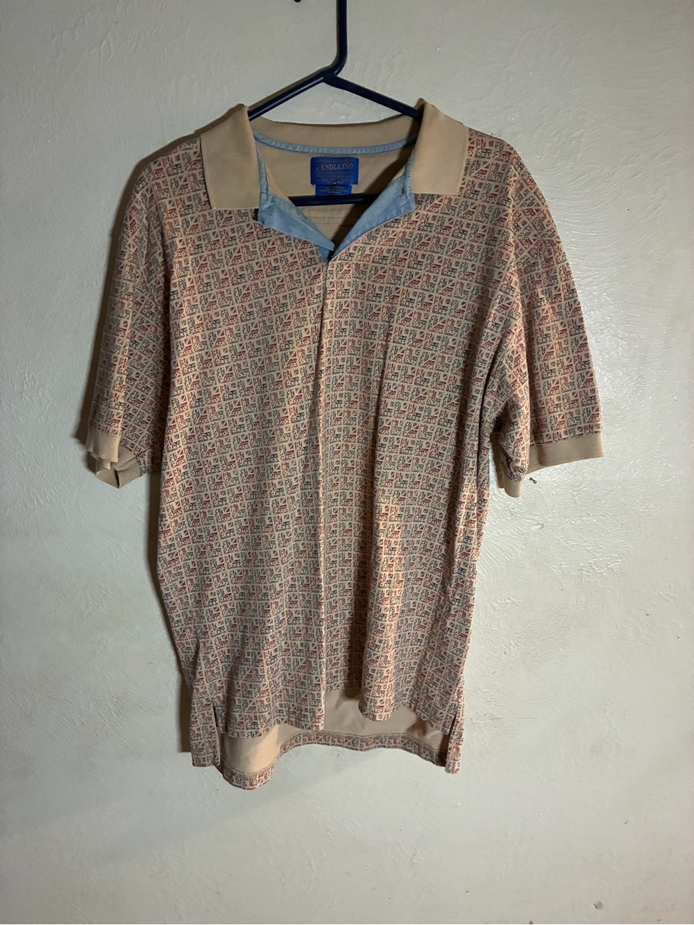 Vtg,80sPendleton Woolen mills Beige Aztec Block Pattern Polo Shirt Men’s Lg - Picture 2 of 8
